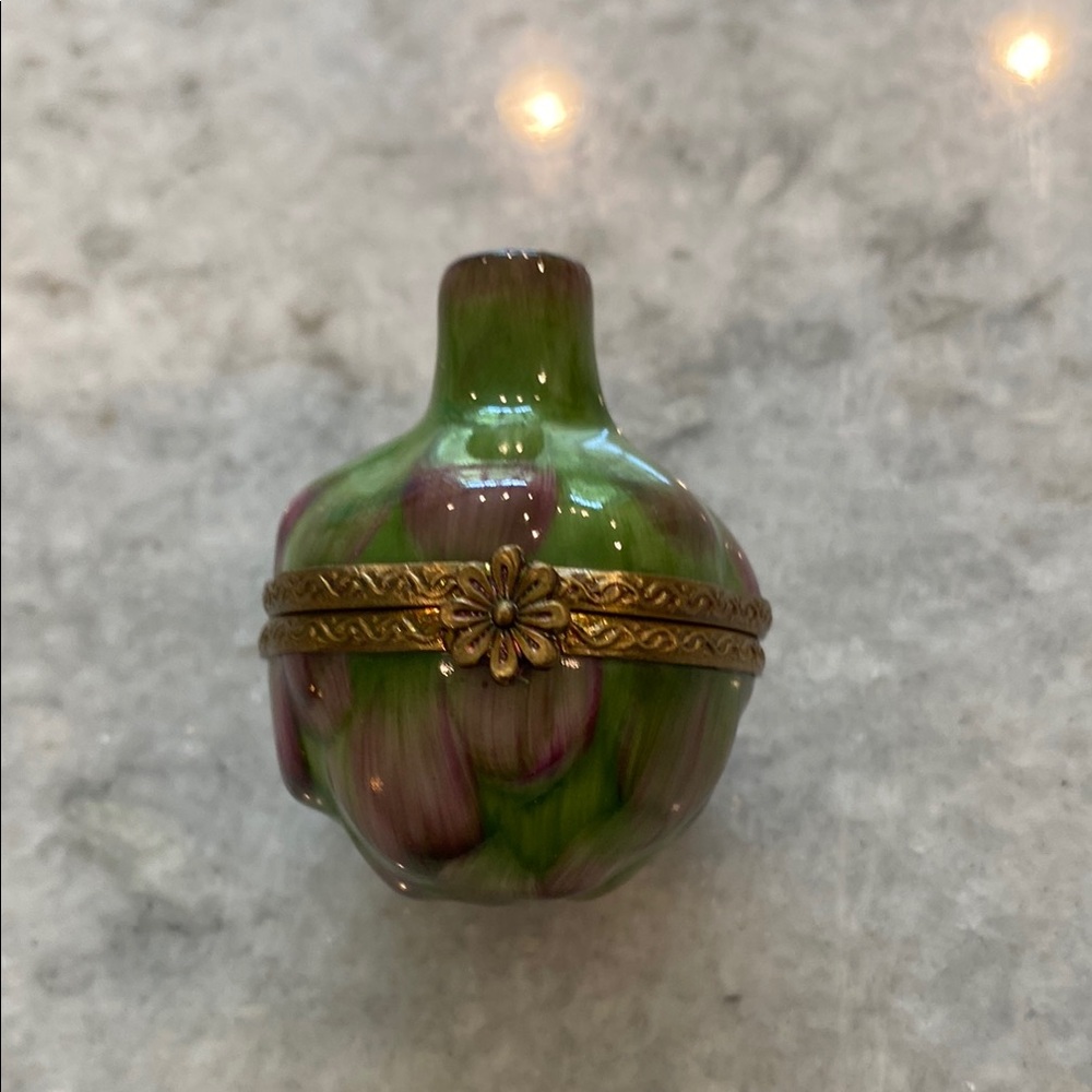 Limoges Green and Pink Storage Container with Intricate Design